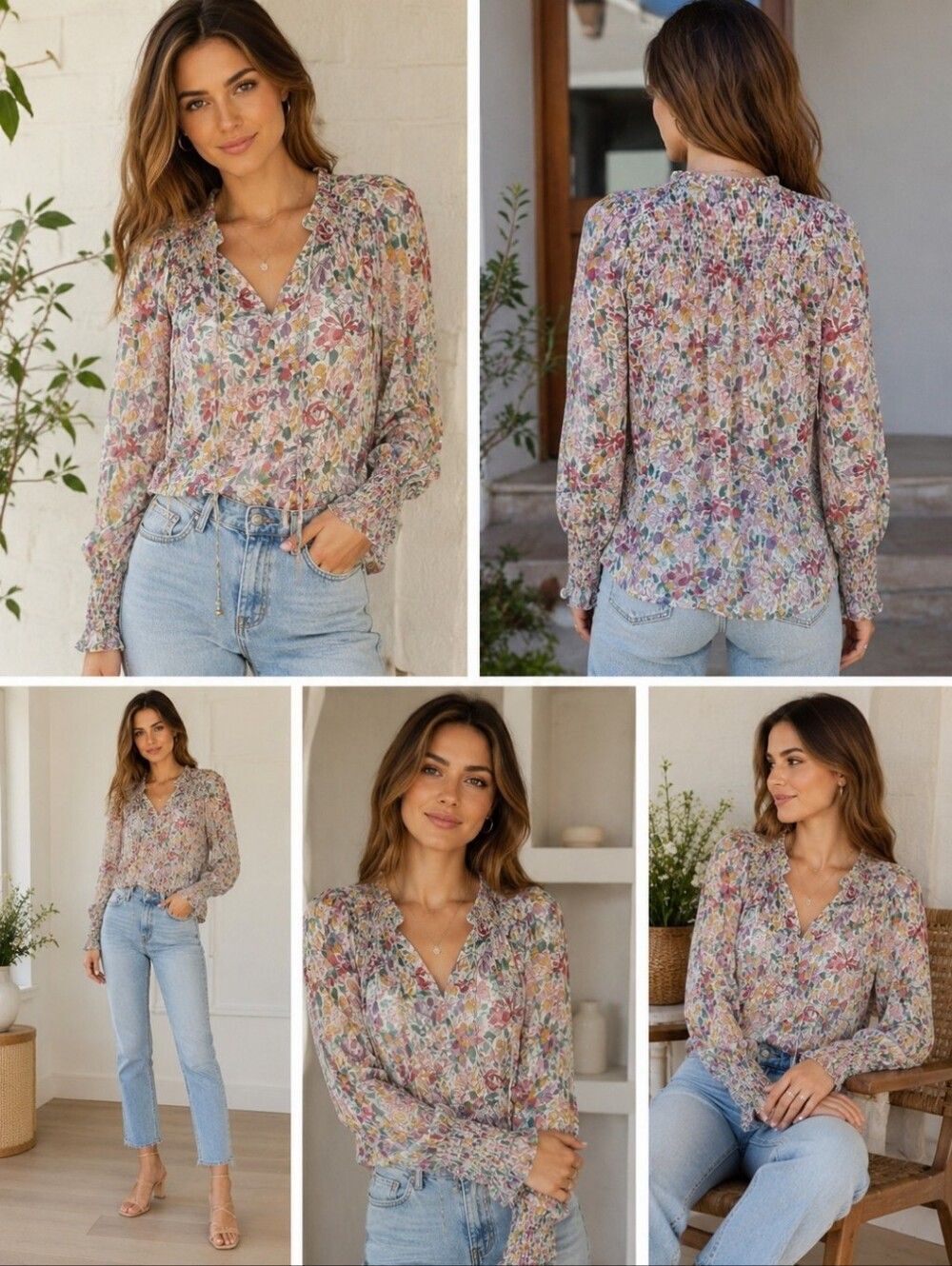 Veronica Beard Floral Silk Smocked Peasant Blouse Sz 4 Boho Romantic Cottagecore